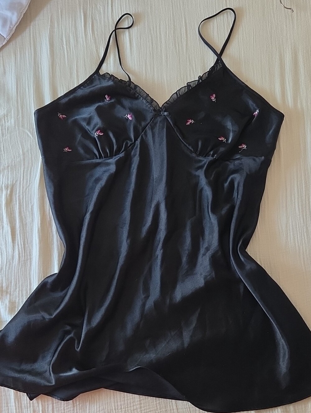 Black Satin Slip with Pink Floral Embroidery